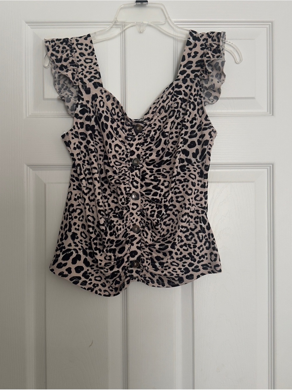 Leopard Print Ruffle Sleeve Women’s Top - Beige/Black Large